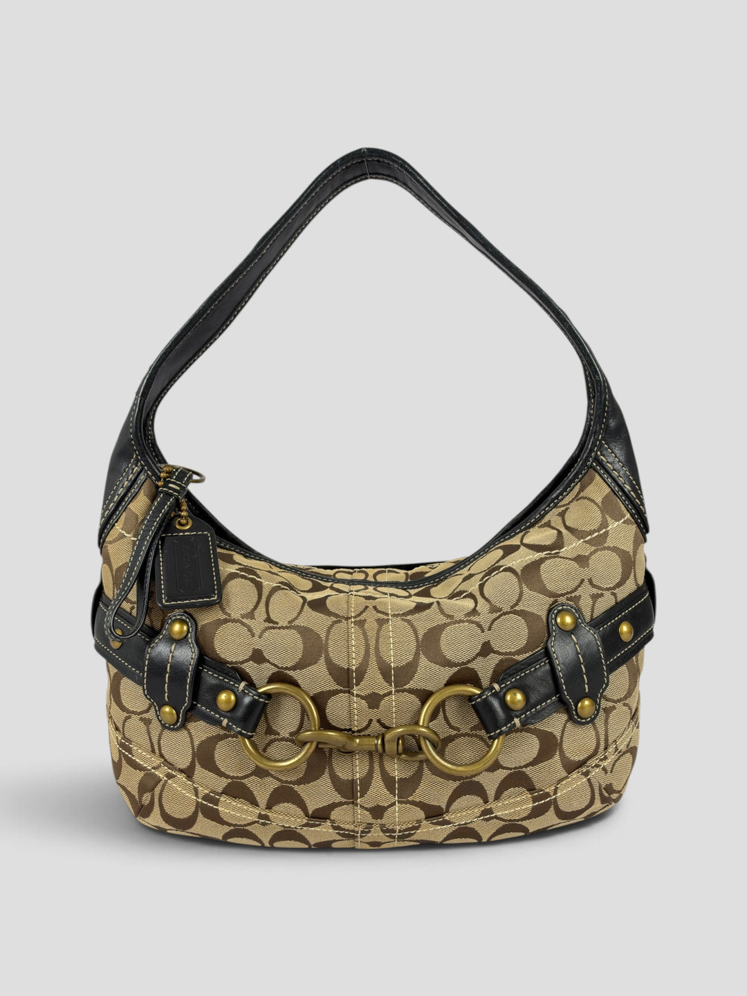 Coach Signature Horse Bit Hobo Shoulder Bag aus Signature-Jacquard-Canvas in Khaki/Braun, Vorderansicht