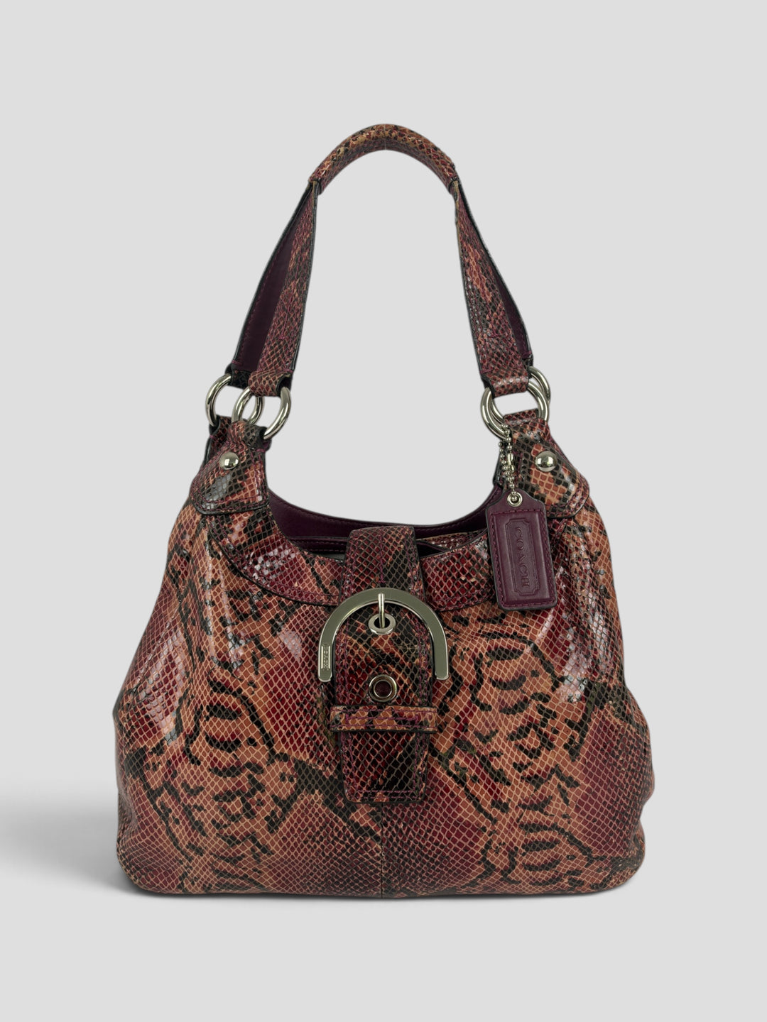 Coach Soho Snakeskin Embossed Leather Buckle Hobo Shoulder Bag aus Rindleder in Altrosa, Vorderansicht