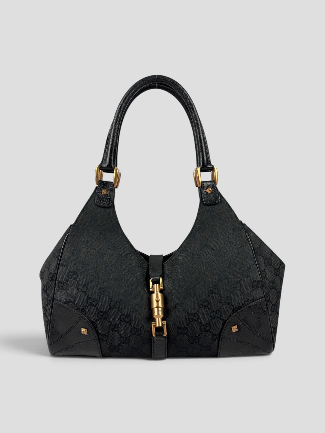 Gucci GG Canvas Jackie Bardot Hobo Shoulder Bag aus GG-Canvas in Schwarz, Vorderansicht