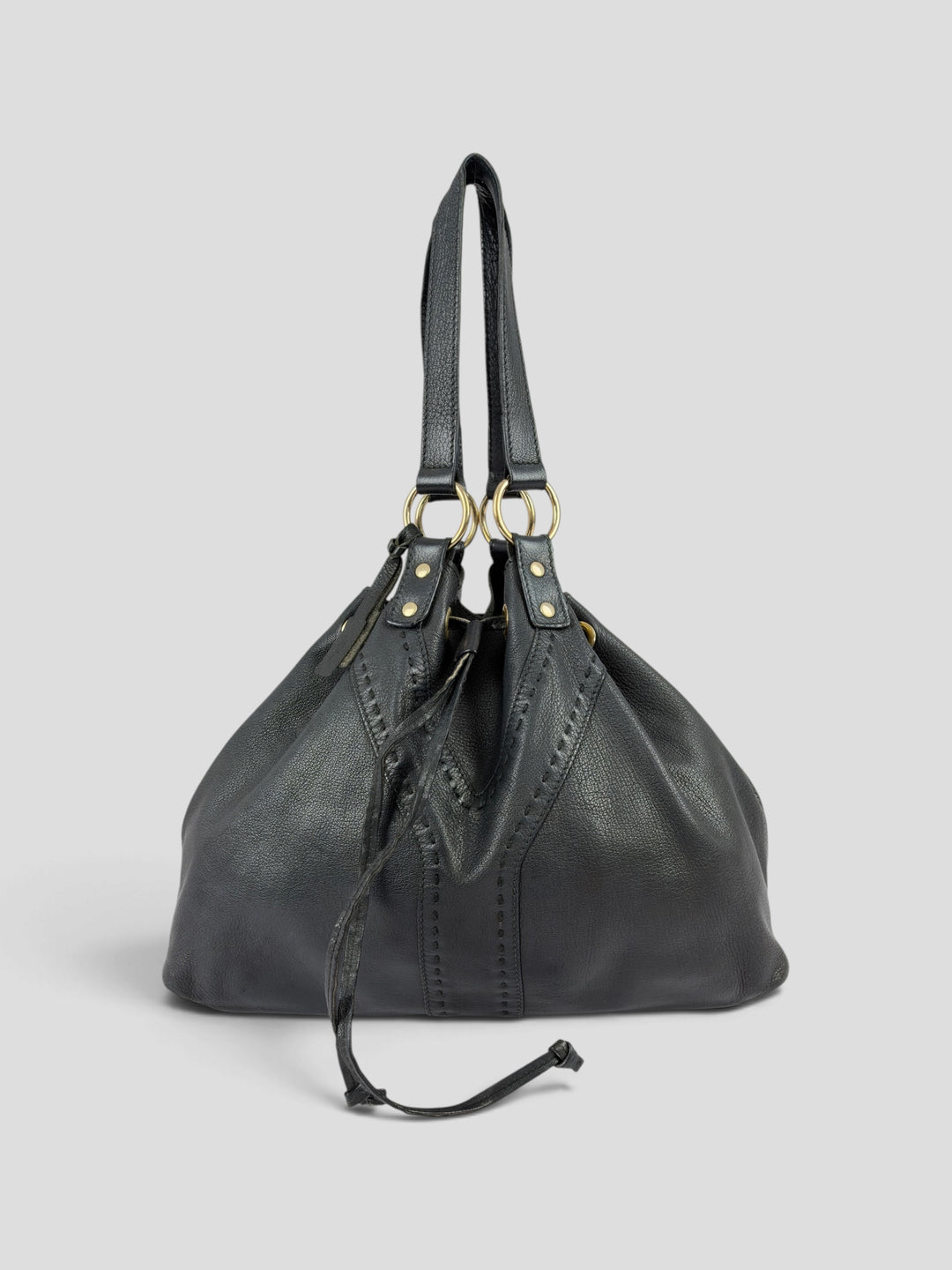 Yves Saint Laurent Reversible Double Leather Shoulder Bag aus Glattleder in Schwarz, Vorderansicht