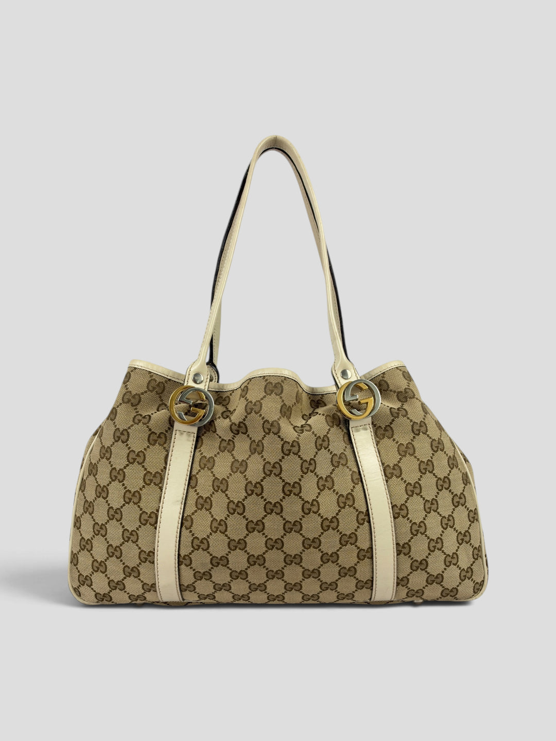 Gucci GG Canvas Twins Abbey Medium Tote Shoulder Bag aus GG-Canvas in Beige/Ebenholz, Vorderansicht