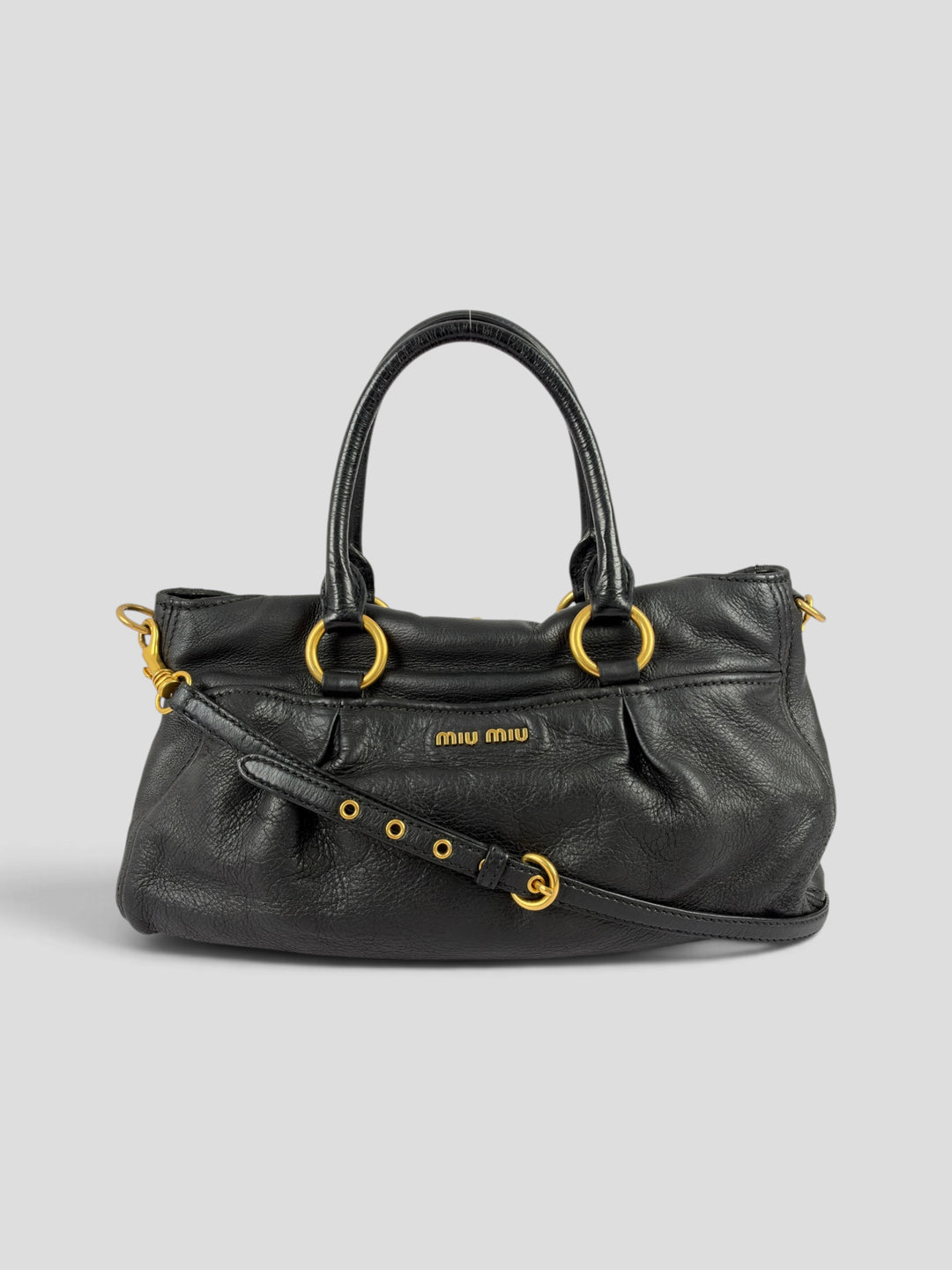 Miu Miu Cervo Shine Leather Shopping Tote Shoulder Bag aus Hirschleder in Schwarz, Vorderansicht