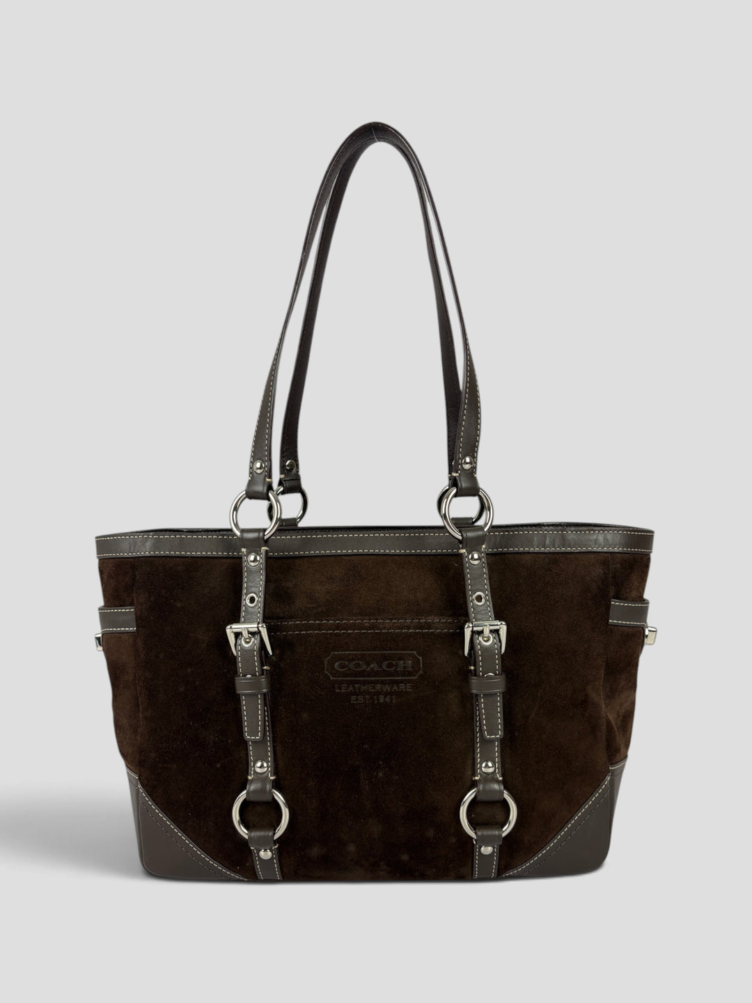 Coach Gallery Suede Tote Shoulder Bag aus Veloursleder in Dunkelbraun, Vorderansicht