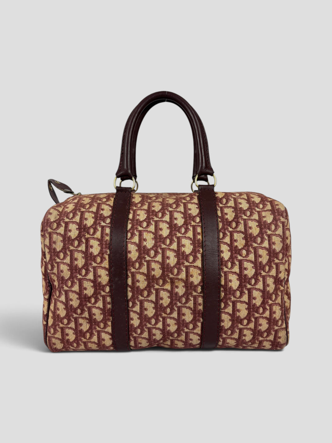 Christian Dior Vintage Oblique Canvas Small Boston Handbag aus Oblique-Jacquard-Canvas in Bordeaux/Beige, Vorderansicht