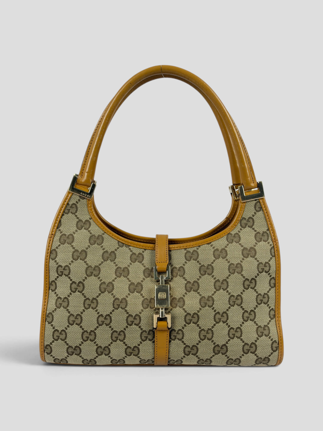 Gucci GG Canvas Jackie Shoulder Bag aus GG-Canvas in Beige/Ebenholz, Vorderansicht
