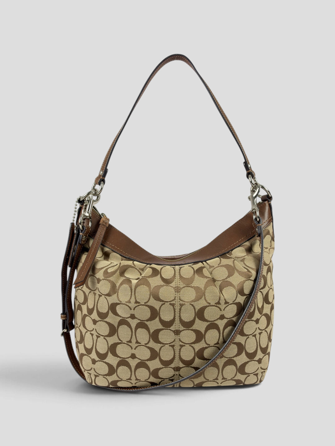 Coach Signature Convertible Hobo Shoulder Bag aus Signature-Jacquard-Canvas in Khaki/Braun, Vorderansicht