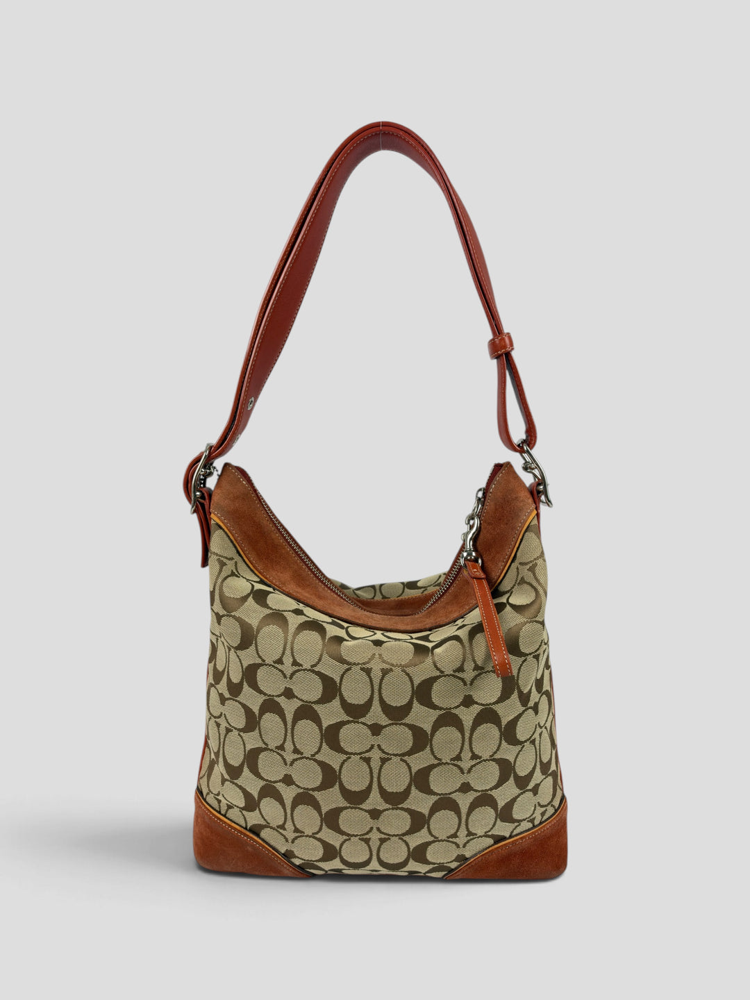 Coach Signature Suede Trim Hobo Shoulder Bag aus Signature-Jacquard-Canvas in Khaki/Braun, Vorderansicht