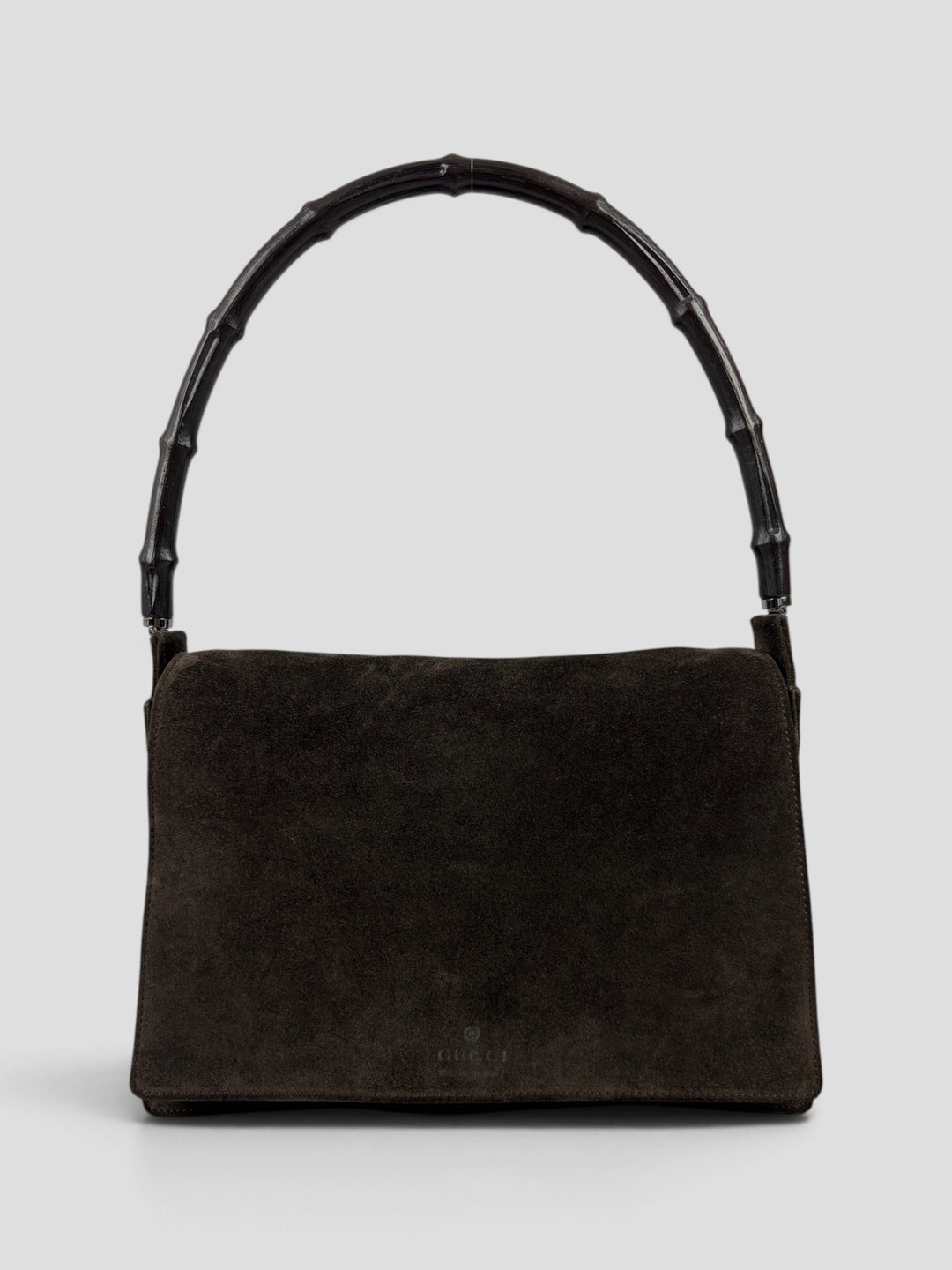 Gucci Bamboo Suede Flap Shoulder Bag aus Wildleder in Dunkelbraun, Vorderansicht