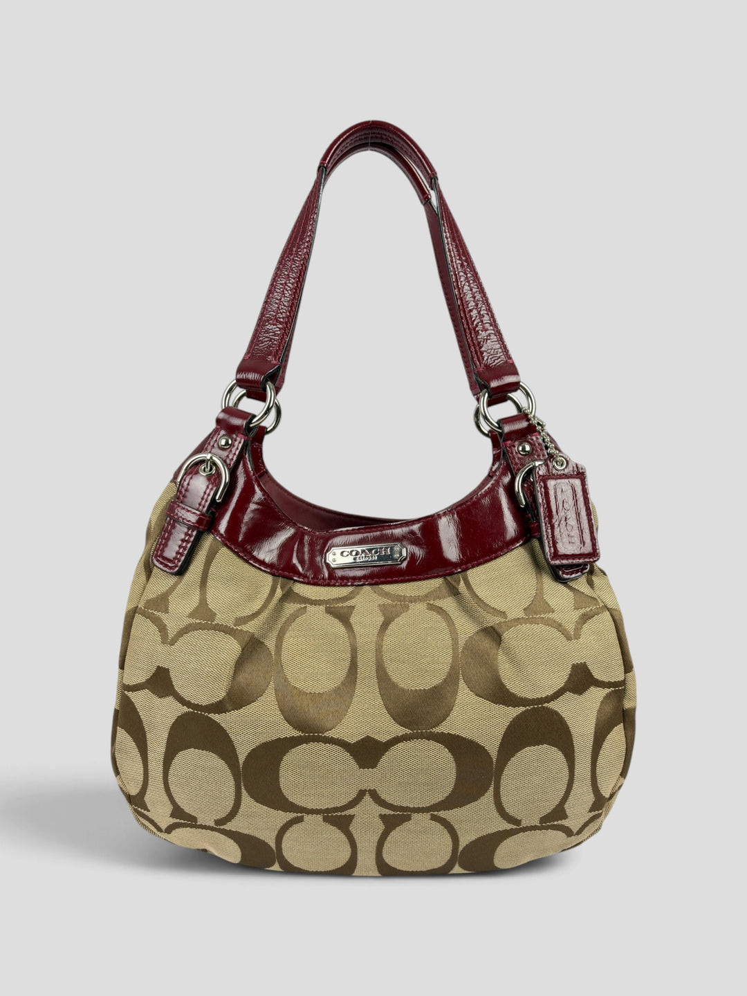 Coach Signature Triple Compartment Hobo Shoulder Bag aus Signature-Jacquard-Canvas in Khaki/Braun, Vorderansicht