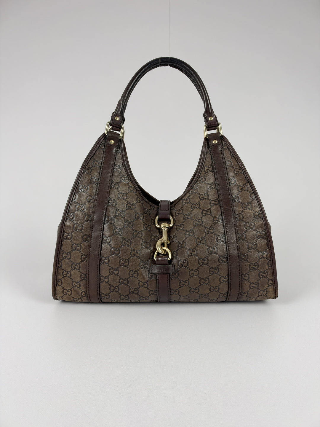 Gucci Guccissima Leather Bardot Hobo Shoulder Bag in Braun, Vorderansicht im Originalfoto