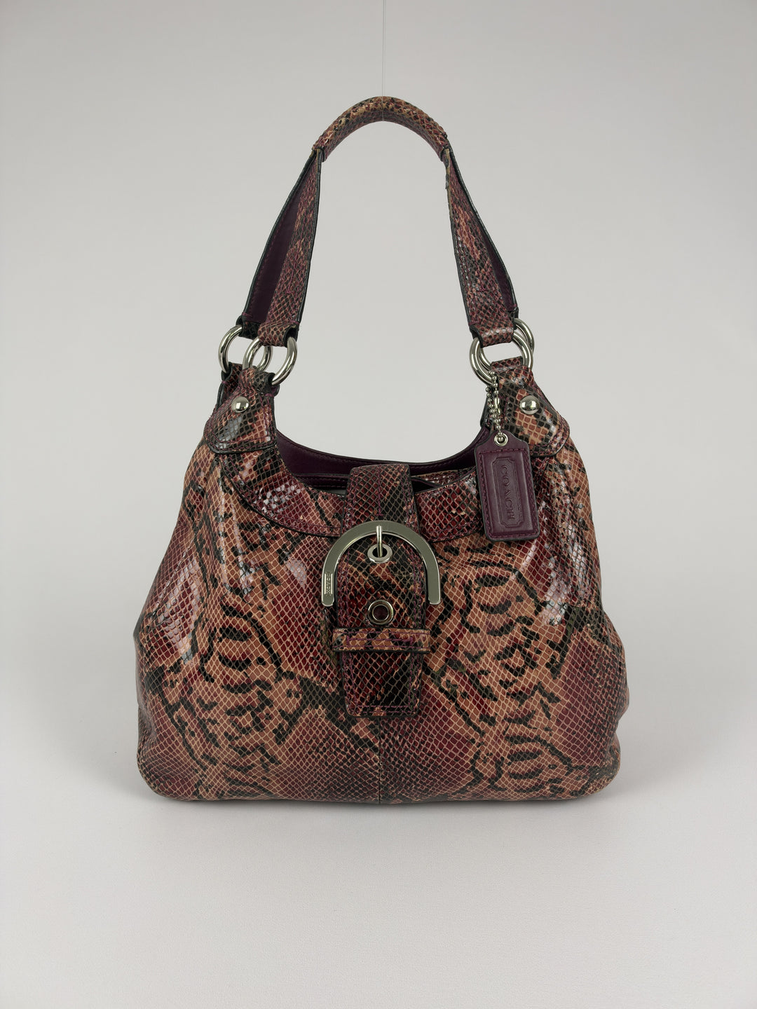 Coach Soho Snakeskin Embossed Leather Buckle Hobo Shoulder Bag in Altrosa, Vorderansicht im Originalfoto
