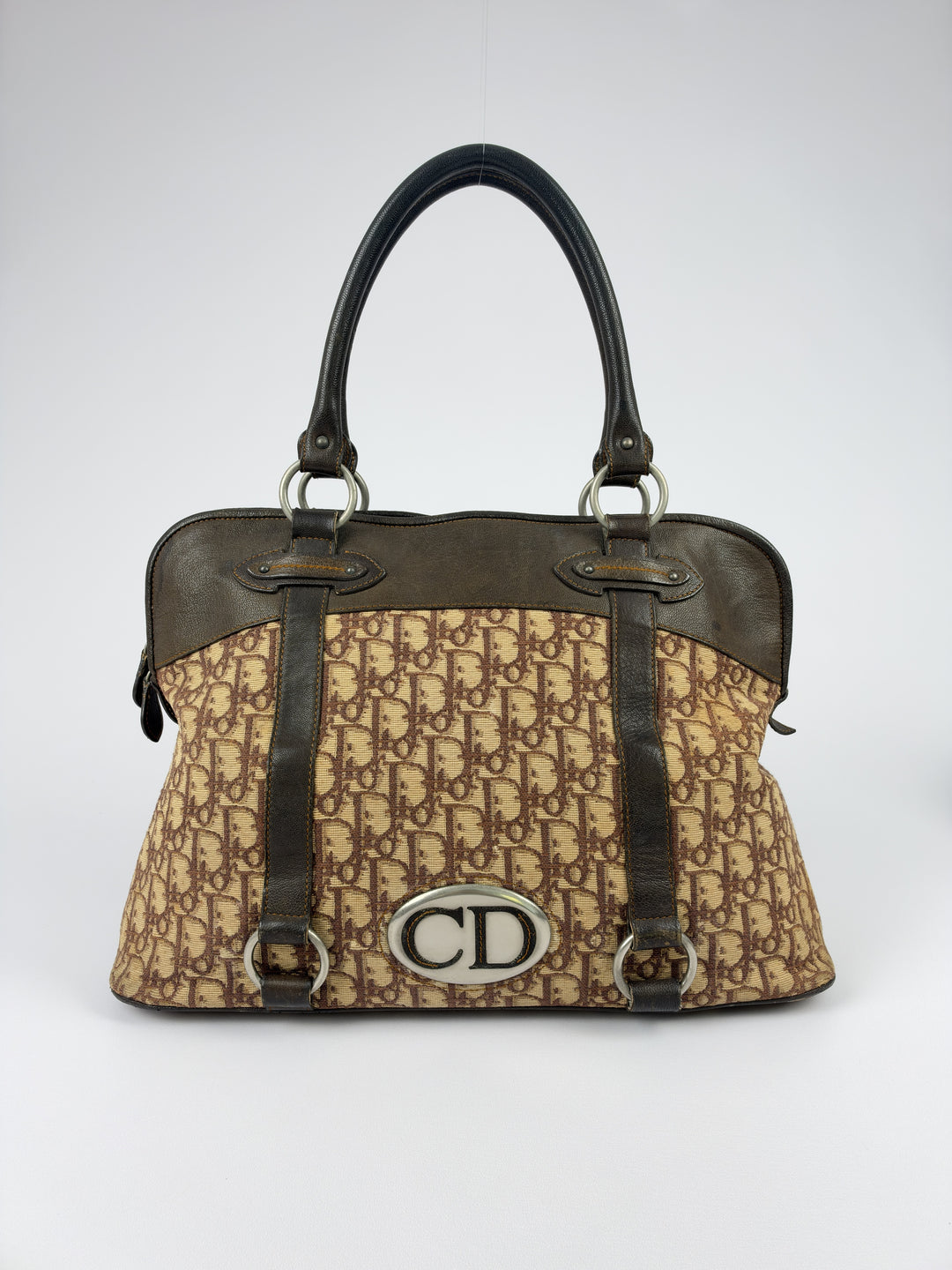 Dior Trotter Canvas CD Plaque Dome Shoulder Bag in Beige/Braun, Vorderansicht im Originalfoto