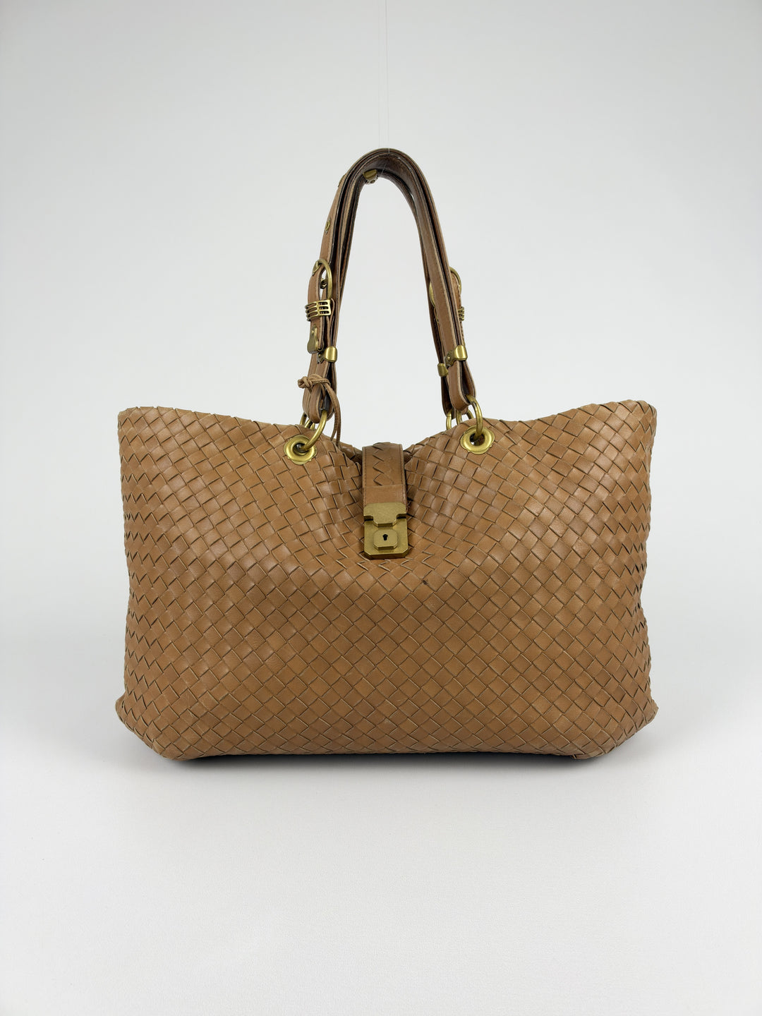 Bottega Veneta Intrecciato Nappa Lock Tote Shoulder Bag in Cognac/Karamellbraun, Vorderansicht im Originalfoto