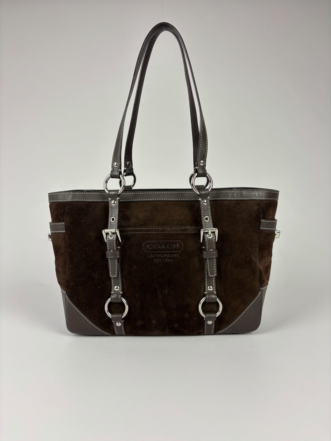 Coach Gallery Suede Tote Shoulder Bag in Dunkelbraun, Detailansicht 1
