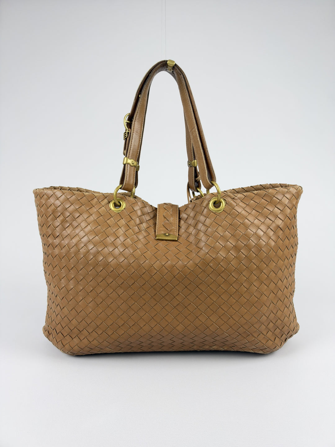 Bottega Veneta Intrecciato Nappa Lock Tote Shoulder Bag in Cognac/Karamellbraun, Detailansicht 2