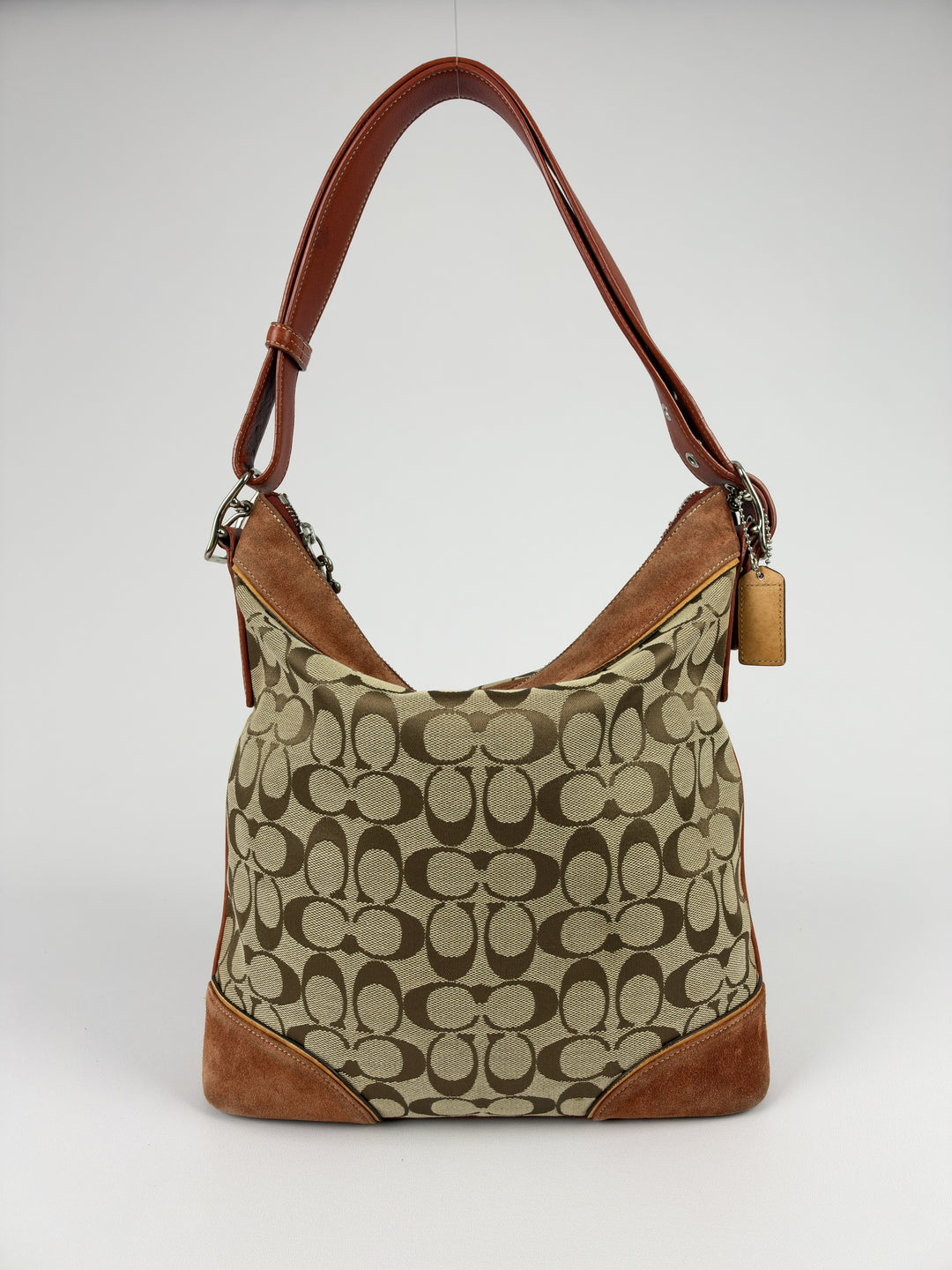 Coach Signature Suede Trim Hobo Shoulder Bag in Khaki/Braun, Detailansicht 2