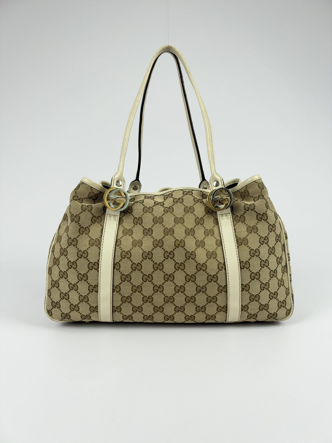 Gucci GG Canvas Twins Abbey Medium Tote Shoulder Bag in Beige/Ebenholz, Detailansicht 3