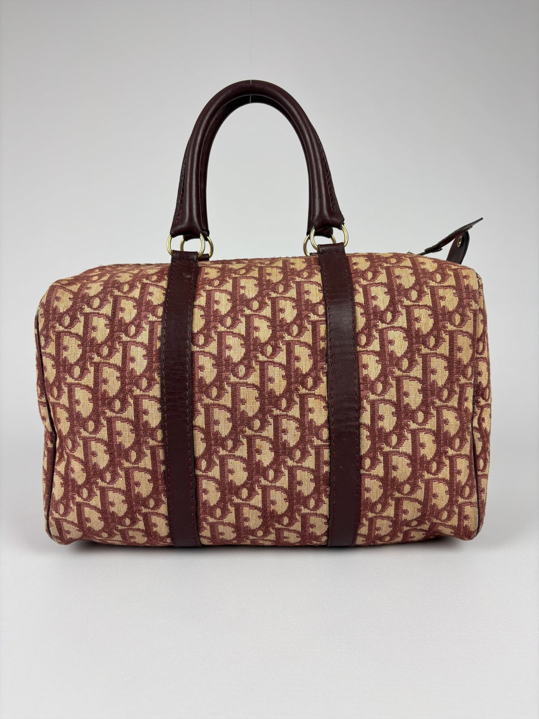 Christian Dior Vintage Oblique Canvas Small Boston Handbag in Bordeaux/Beige, Detailansicht 3