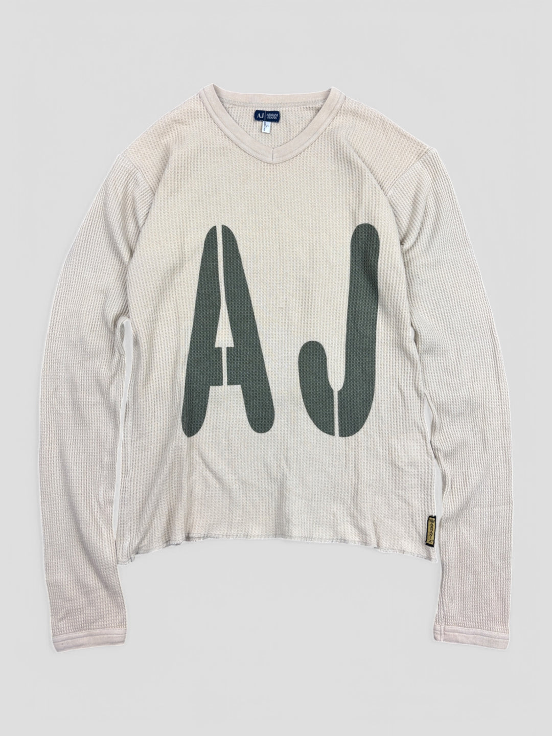 Armani Jeans Waffle Strickpullover Creme mit großem „AJ“-Logo, einzigartiger Second-Hand Strickpullover

