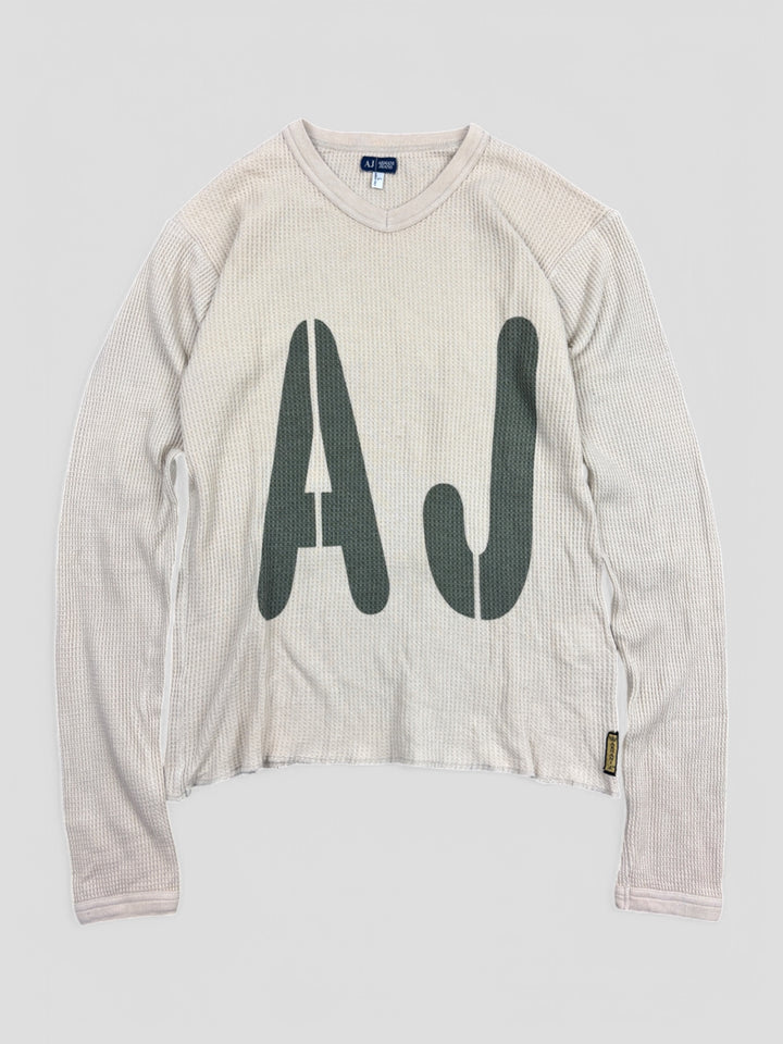 Armani Jeans Waffle Strickpullover Creme mit großem „AJ“-Logo, einzigartiger Second-Hand Strickpullover

