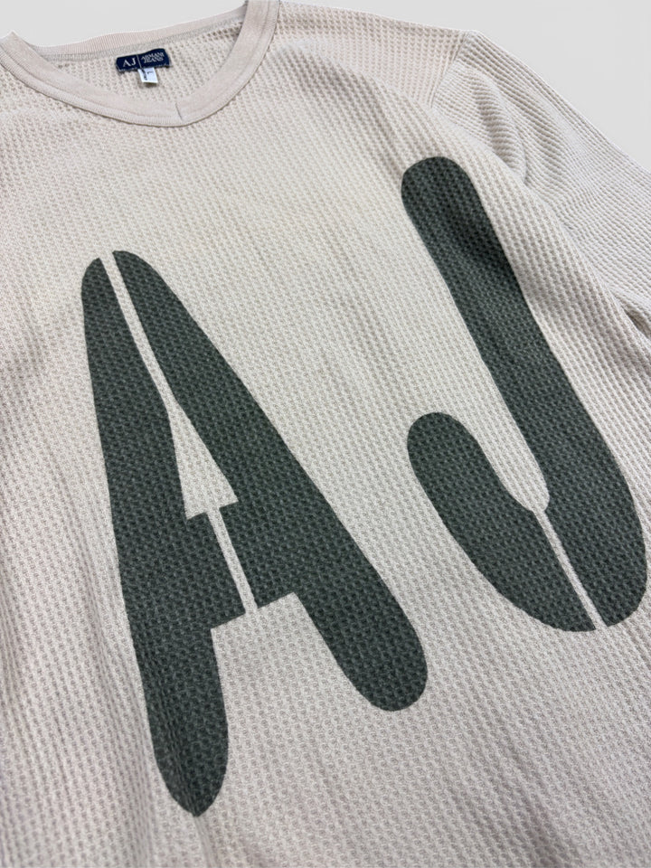 Armani Jeans Waffle Strickpullover Creme mit großem „AJ“-Logo, einzigartiger Second-Hand Strickpullover

