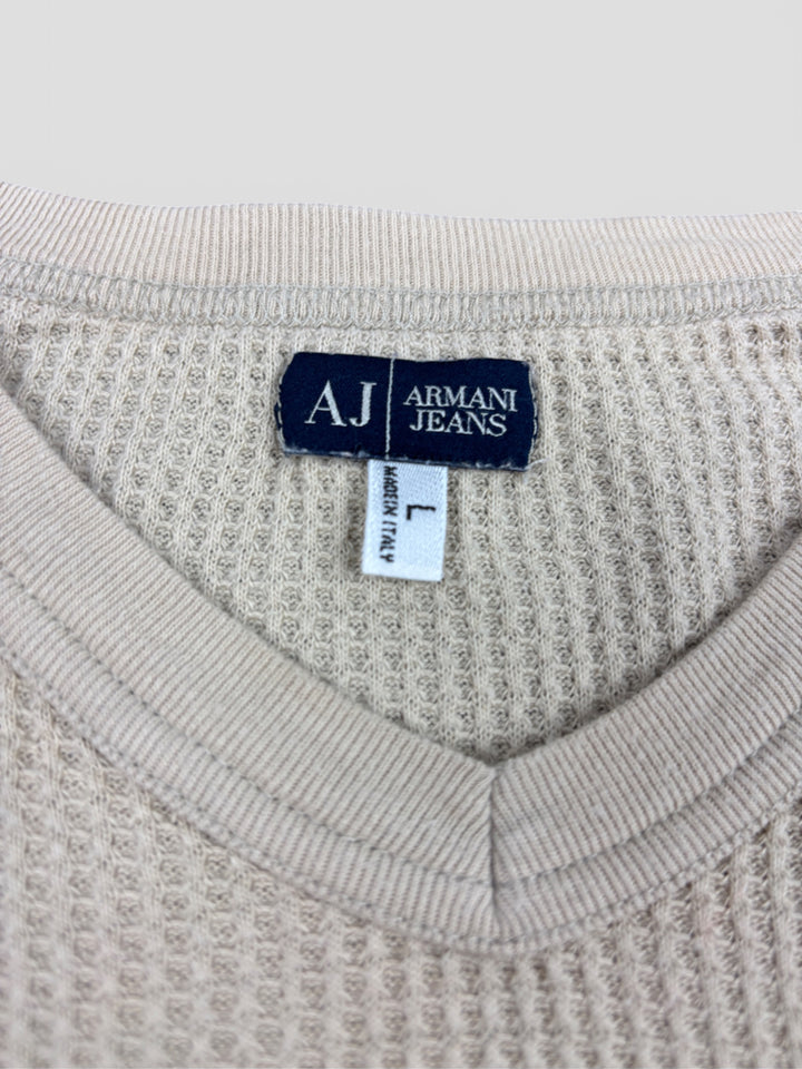 Armani Jeans Waffle Strickpullover Creme mit großem „AJ“-Logo, einzigartiger Second-Hand Strickpullover

