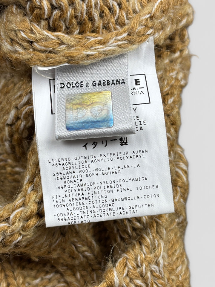 D&G Full-Zip Strickpullover in Beige mit melierter Struktur, braunen Schulterdetails und Eingrifftaschen.

