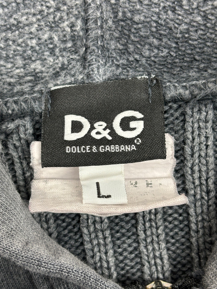 D&G Knit Hoodie in Schwarz mit Schriftzug „Long live to Dolce & Gabbana“ und gerippten Ärmeln sowie Saum

