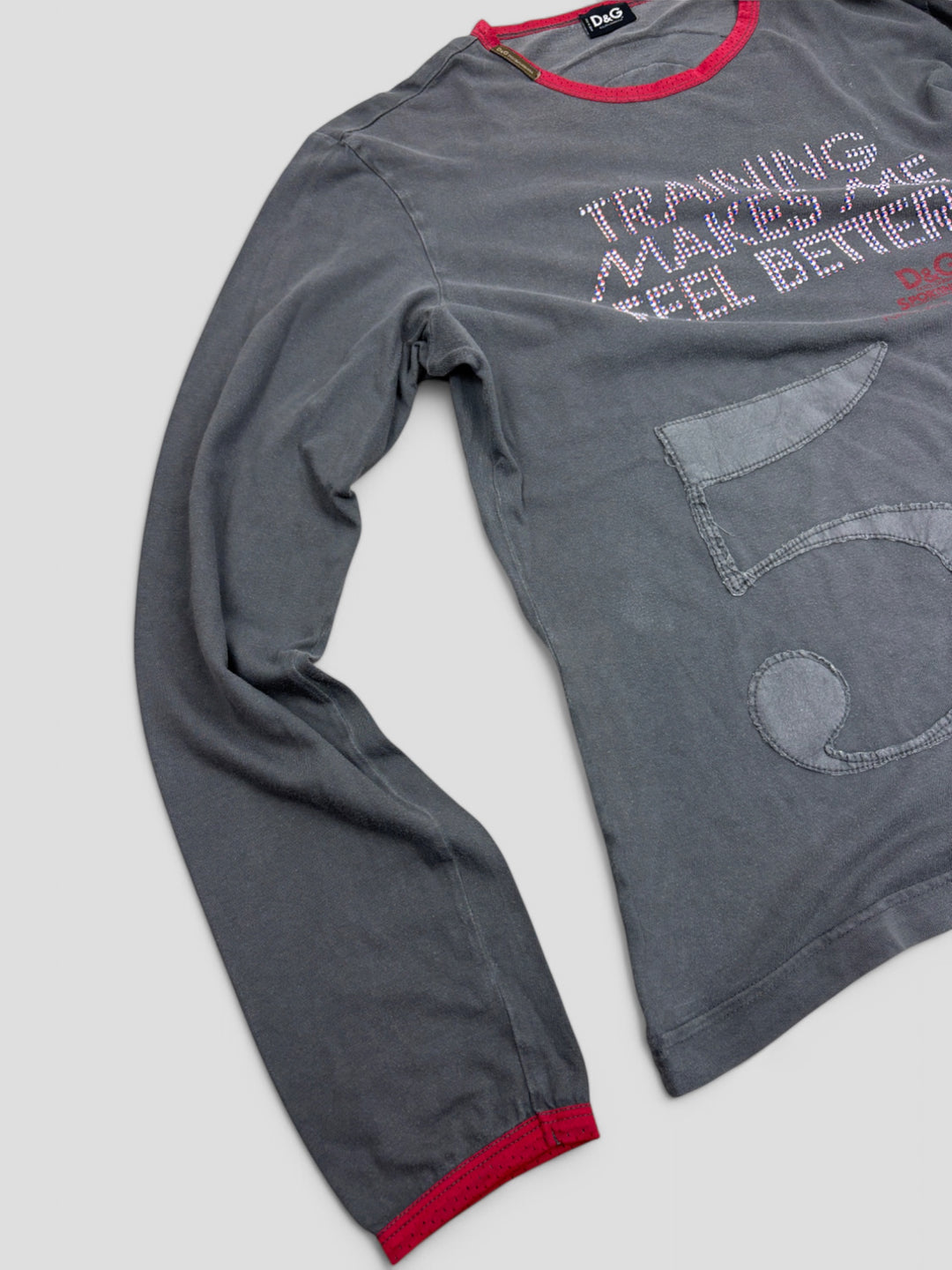 D&G Longsleeve Dunkelgrau mit roten Kontrastelementen, Statement "Training Makes Me Feel Better", Strass-Besatz, sportlicher Look

