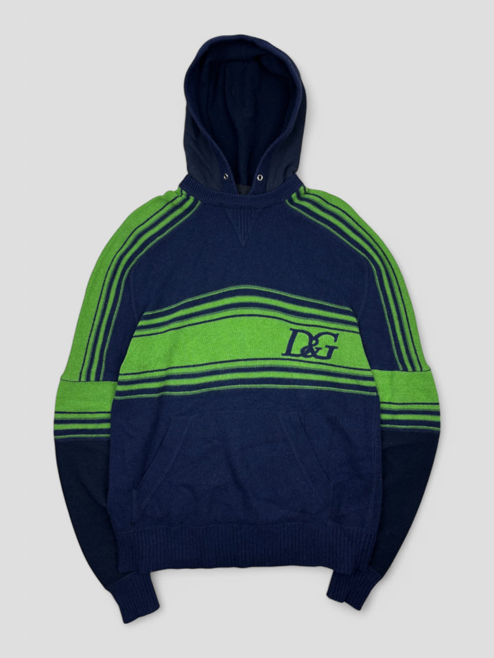 D&G Strick-Hoodie in Blau-Grün mit Streifen, gesticktem Logo auf der Brust, Kapuze und Kängurutasche

