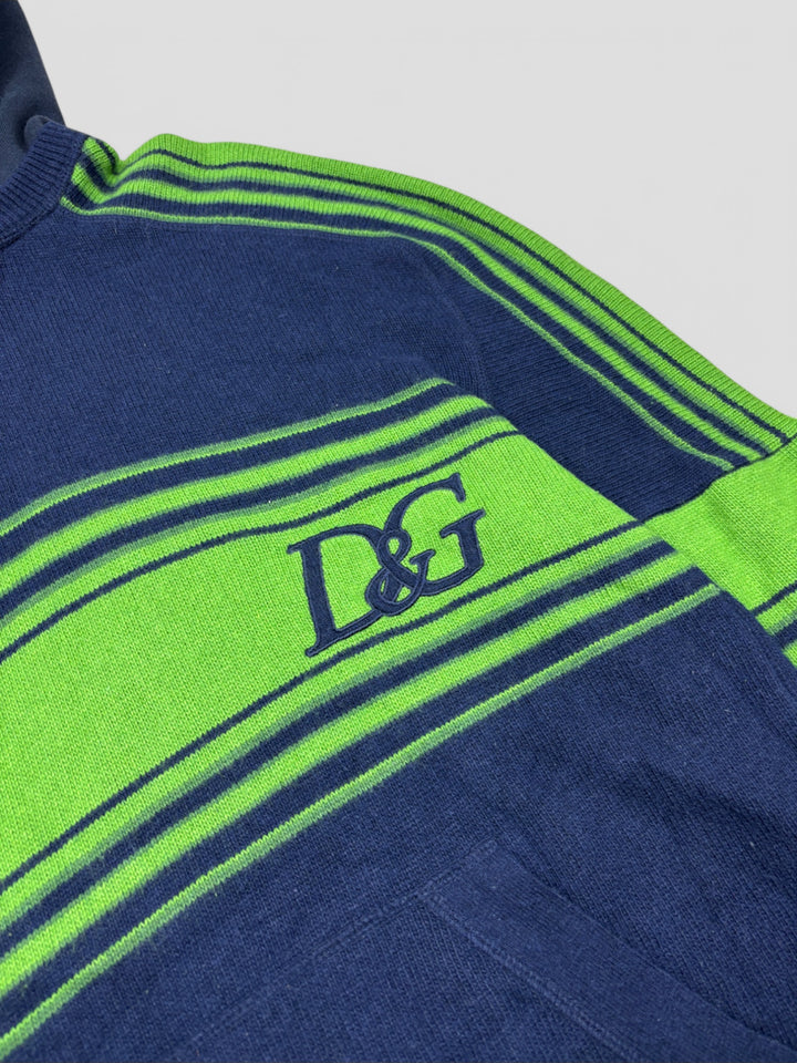 D&G Strick-Hoodie in Blau-Grün mit Streifen, gesticktem Logo auf der Brust, Kapuze und Kängurutasche

