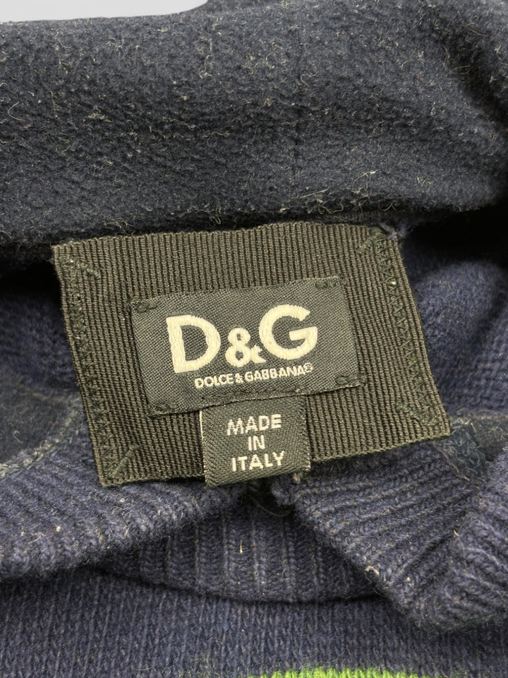 D&G Strick-Hoodie in Blau-Grün mit Streifen, gesticktem Logo auf der Brust, Kapuze und Kängurutasche

