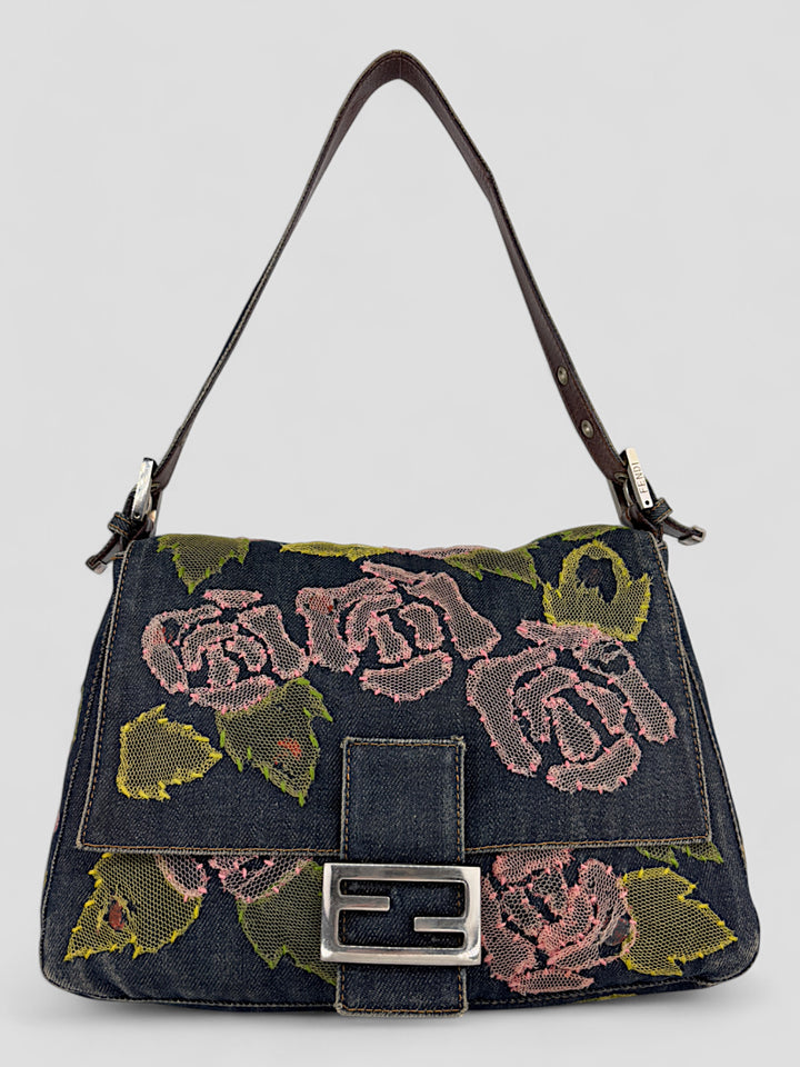 Fendi Mamma Denim Flower Tasche mit floralen Applikationen und Magnetverschluss, Fendi Mamma Denim Flower Bag with floral applications and magnetic closure