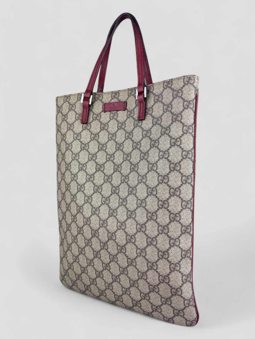 Gucci Shopper aus beigem Monogramm-Canvas mit bordeauxroten Lederdetails, Gucci shopper beige-bordeaux
