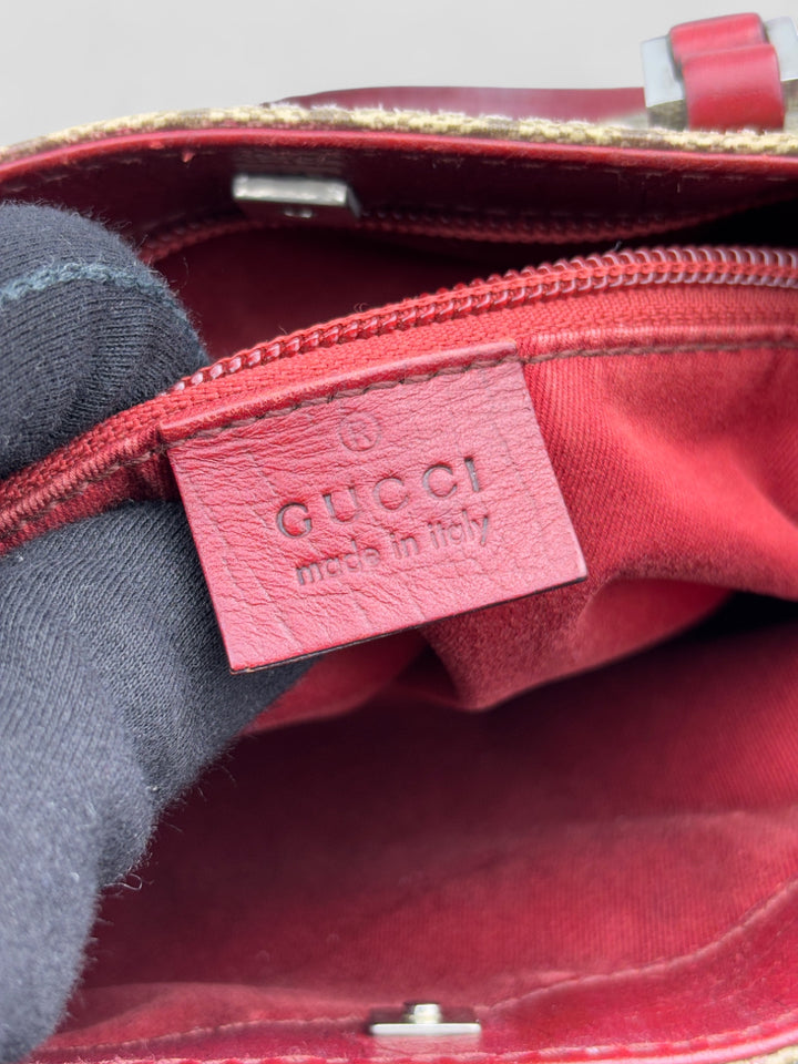 Gucci Shopper aus beigem Monogramm-Canvas mit bordeauxroten Lederdetails, Gucci shopper beige-bordeaux