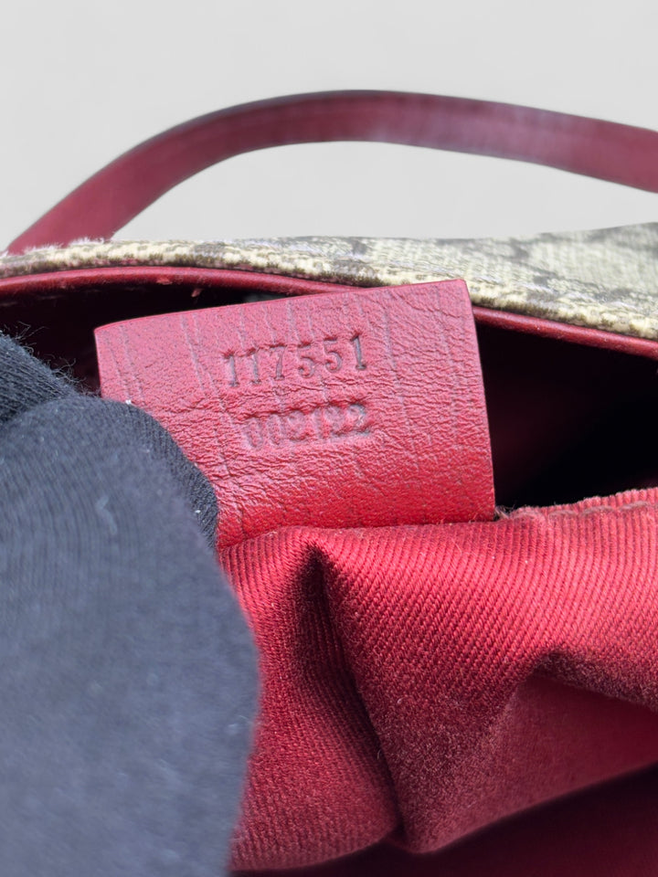 Gucci Shopper aus beigem Monogramm-Canvas mit bordeauxroten Lederdetails, Gucci shopper beige-bordeaux