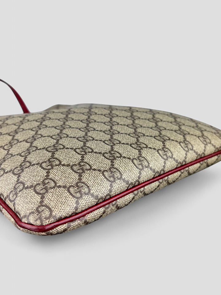 Gucci Shopper aus beigem Monogramm-Canvas mit bordeauxroten Lederdetails, Gucci shopper beige-bordeaux
