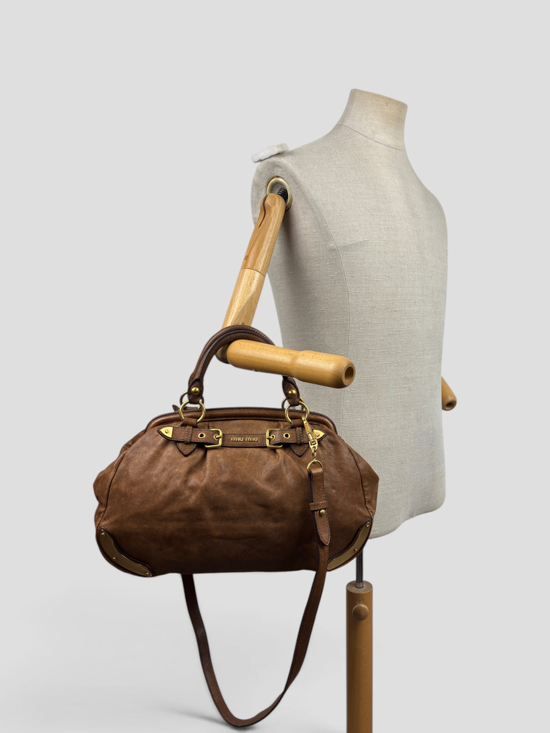 Miu Miu Vitello Lux Bowler Buckle Handbag Cammeo/Cammello