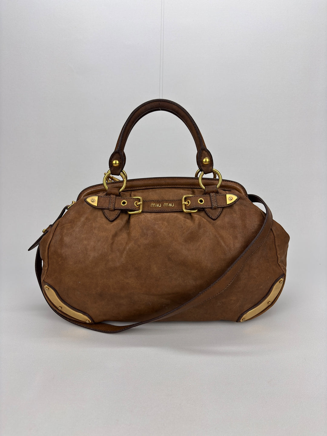 Miu Miu Vitello Lux Bowler Buckle Handbag Cammeo/Cammello