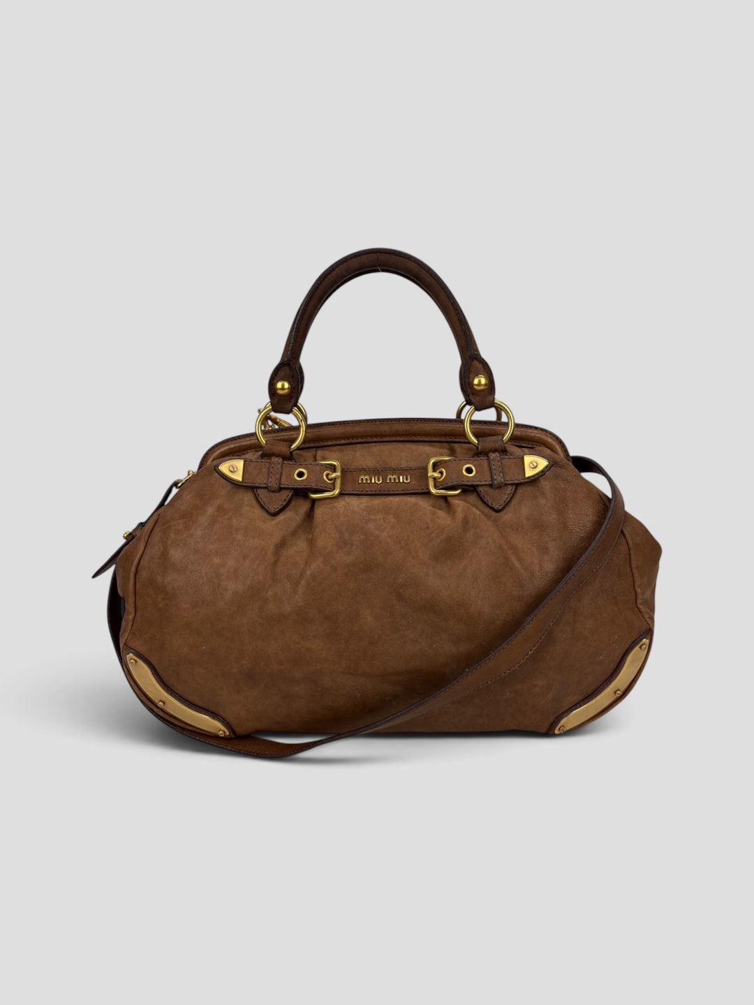 Miu Miu Vitello Lux Bowler Buckle Handbag Cammeo/Cammello