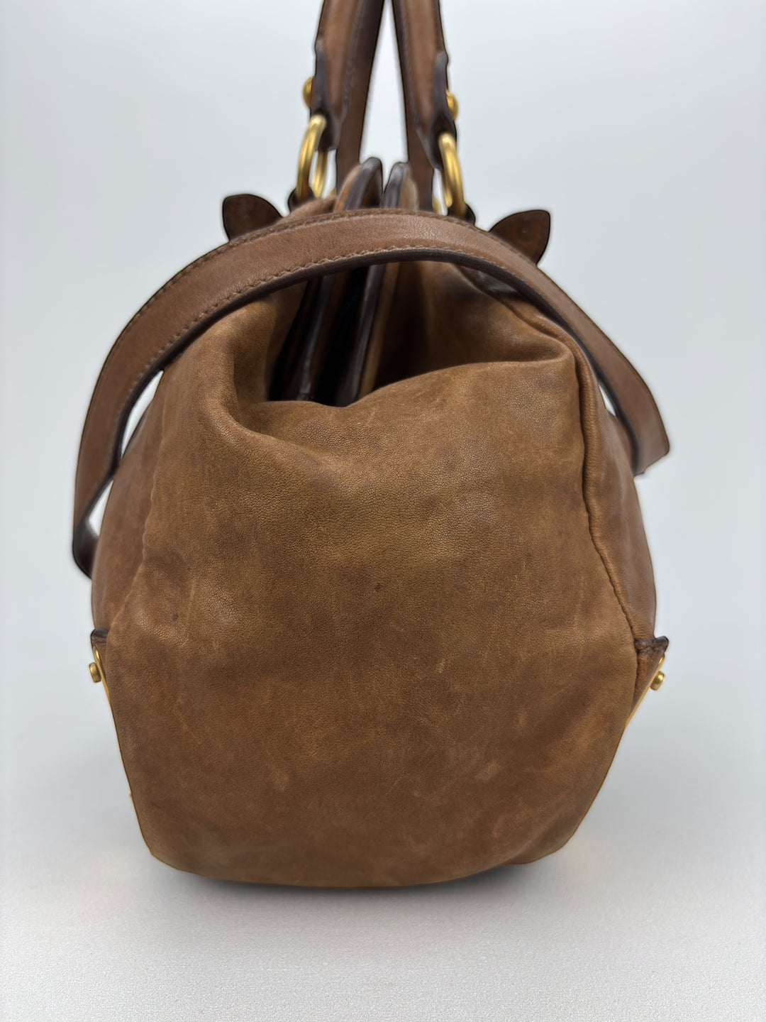 Miu Miu Vitello Lux Bowler Buckle Handbag Cammeo/Cammello