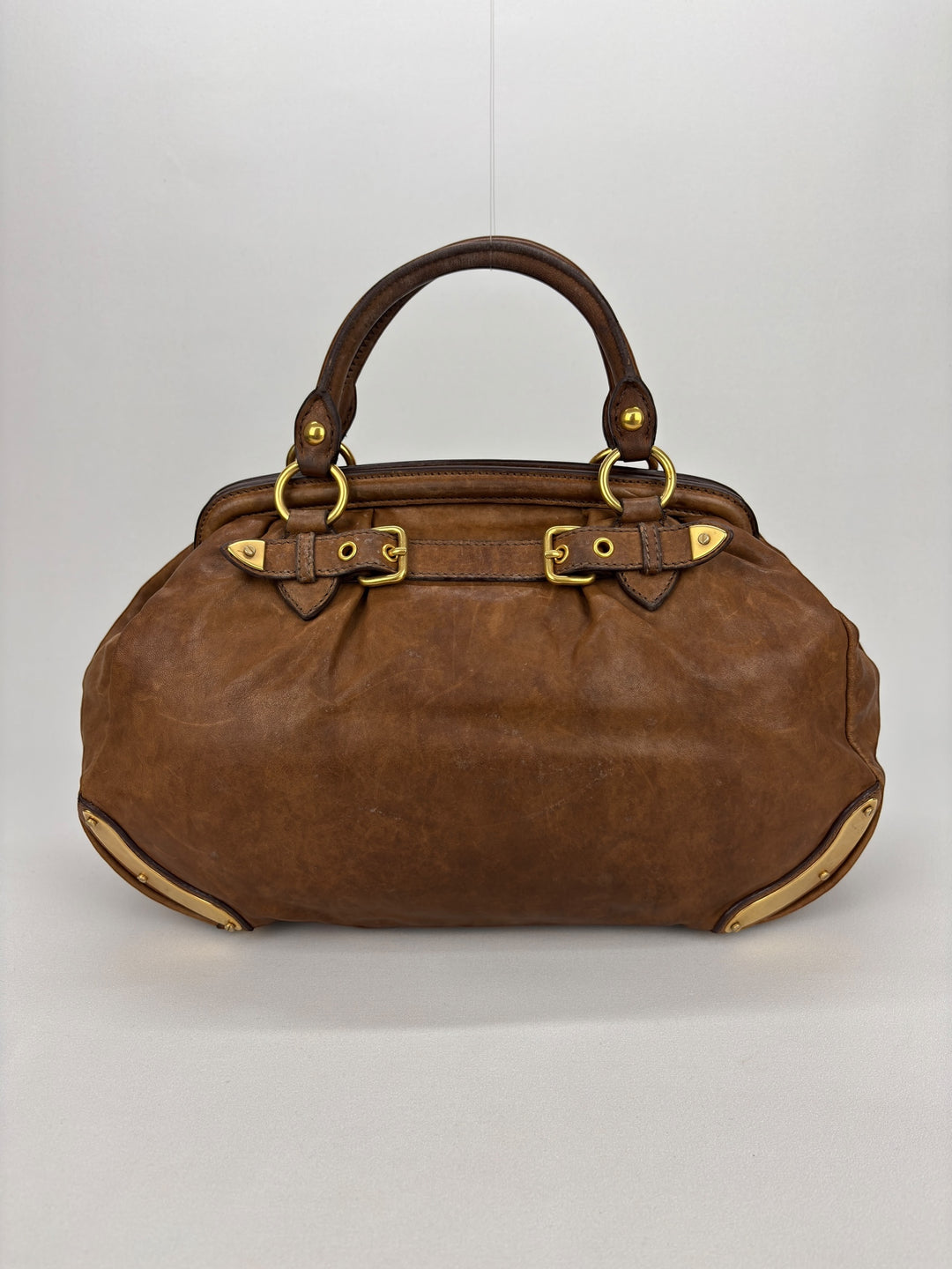 Miu Miu Vitello Lux Bowler Buckle Handbag Cammeo/Cammello
