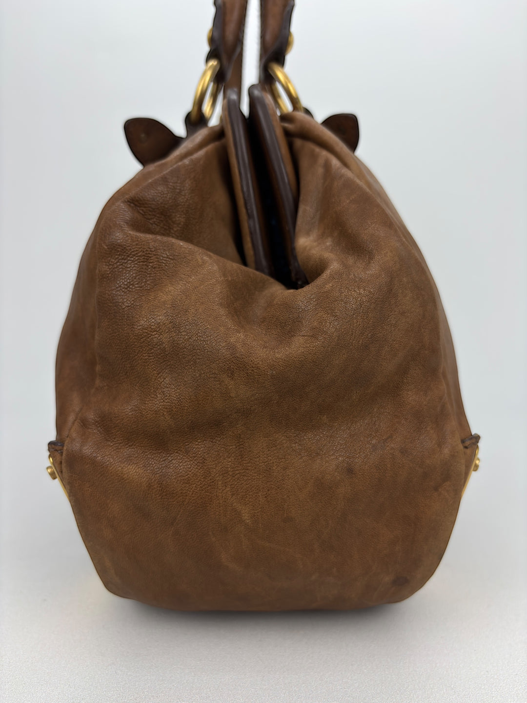 Miu Miu Vitello Lux Bowler Buckle Handbag Cammeo/Cammello