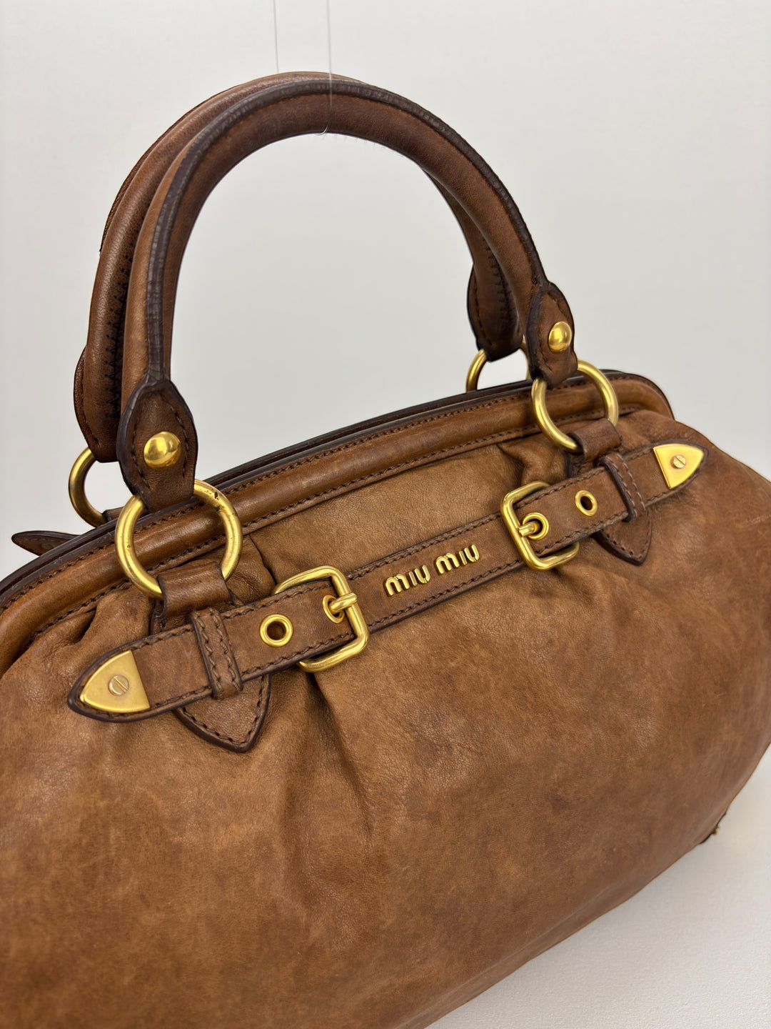Miu Miu Vitello Lux Bowler Buckle Handbag Cammeo/Cammello