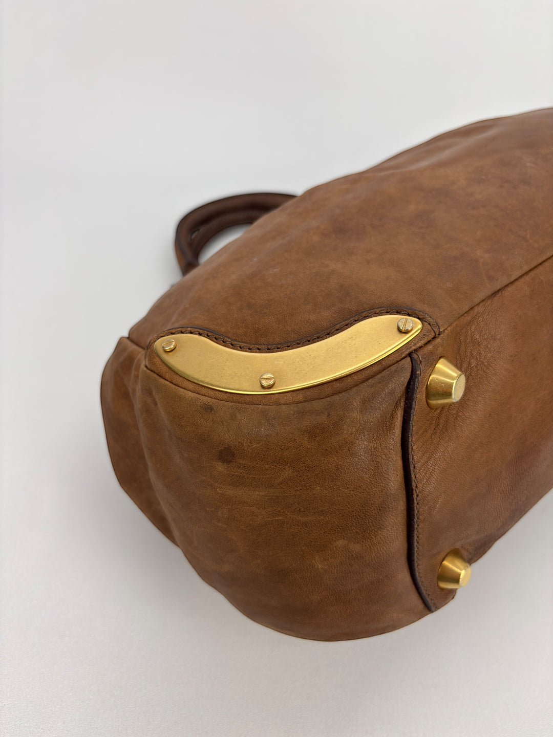 Miu Miu Vitello Lux Bowler Buckle Handbag Cammeo/Cammello