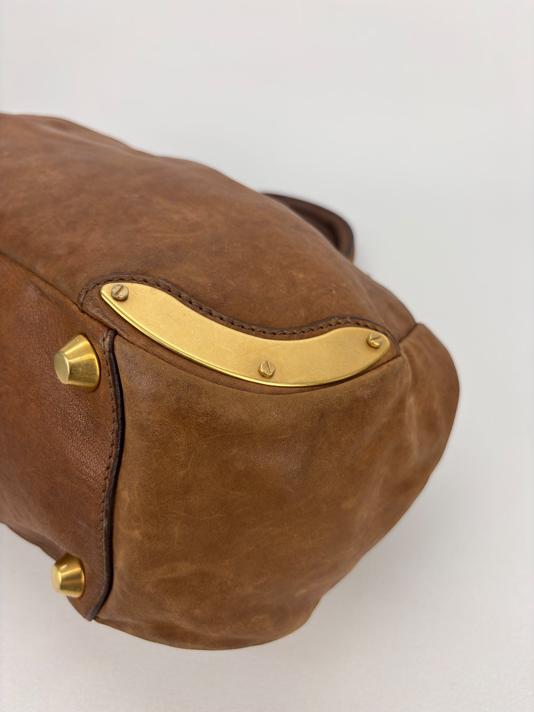 Miu Miu Vitello Lux Bowler Buckle Handbag Cammeo/Cammello