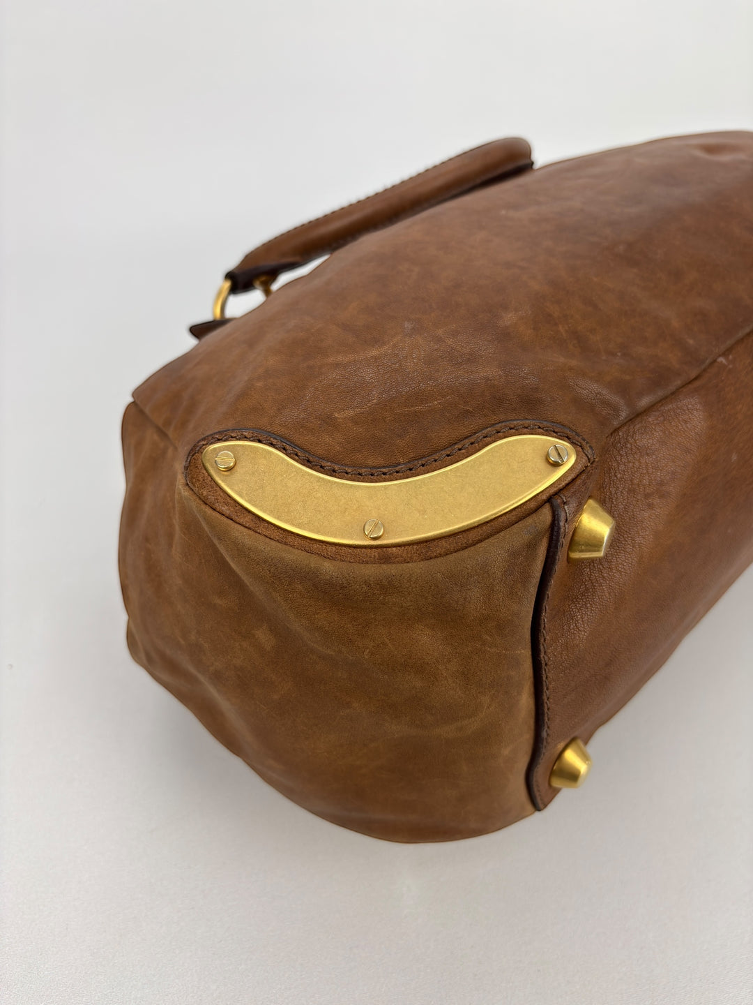 Miu Miu Vitello Lux Bowler Buckle Handbag Cammeo/Cammello
