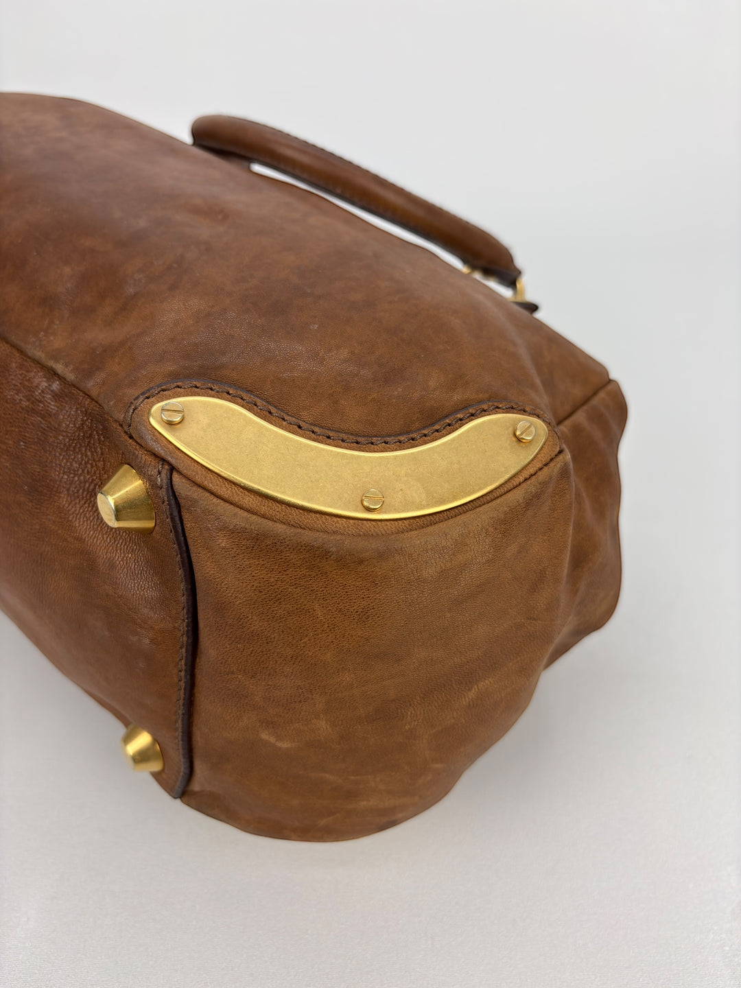 Miu Miu Vitello Lux Bowler Buckle Handbag Cammeo/Cammello