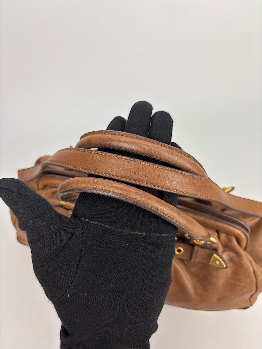 Miu Miu Vitello Lux Bowler Buckle Handbag Cammeo/Cammello