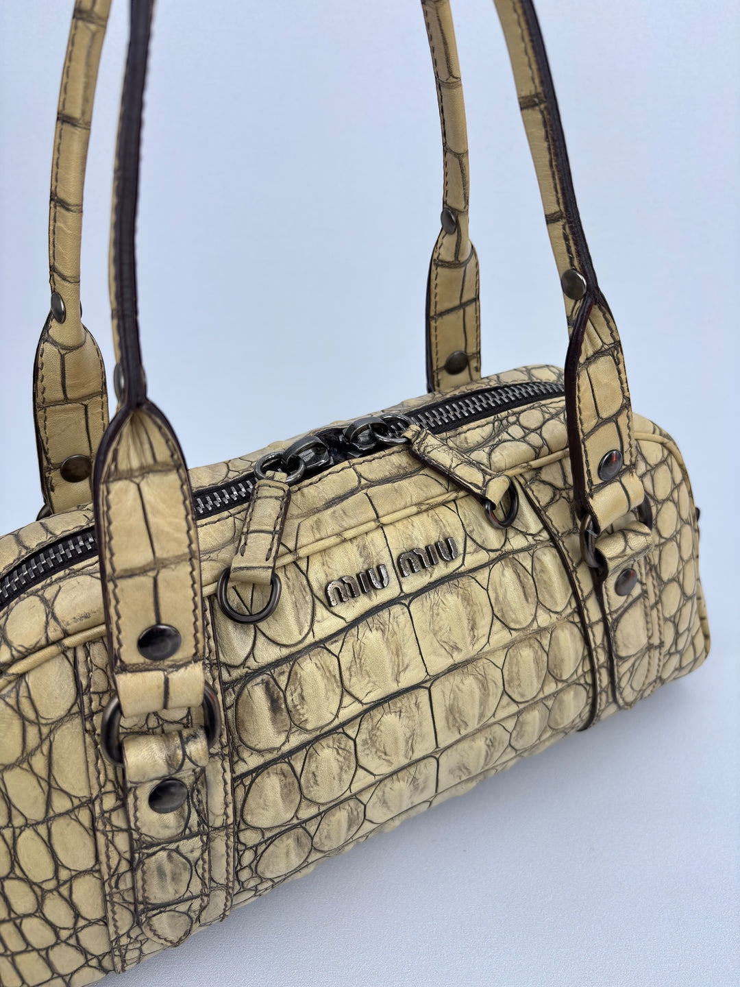 Miu Miu Vitello Lux 90's Croc Embossed Bowler Bag Archive